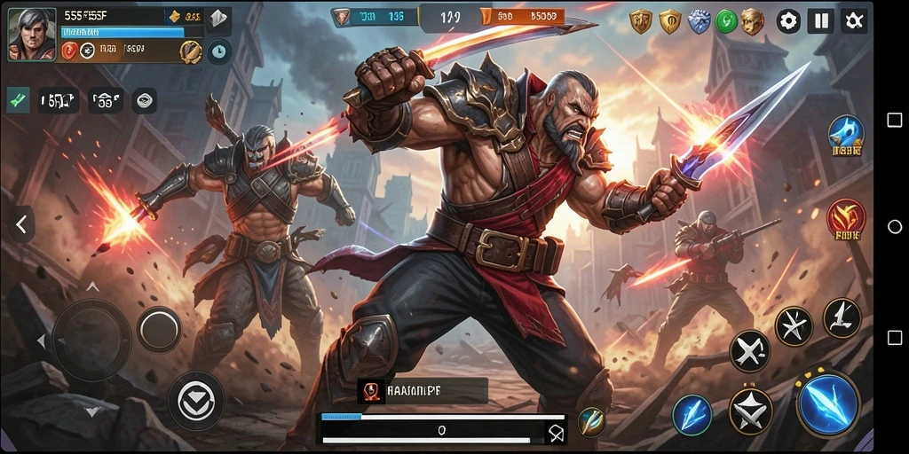 Gameplay aksi pertarungan 555F menampilkan karakter yang siap bertarung.