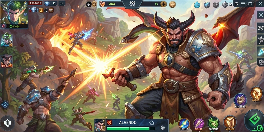Gambar gameplay MOBA yang intens dan menegangkan di ALVENDO.