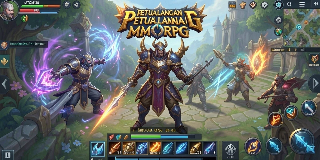 Tampilan gameplay ATOM138 menunjukkan pertarungan epik di dunia fantasi.
