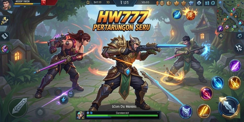 Screenshot gameplay HW777 menampilkan pertempuran MOBA yang mendebarkan.