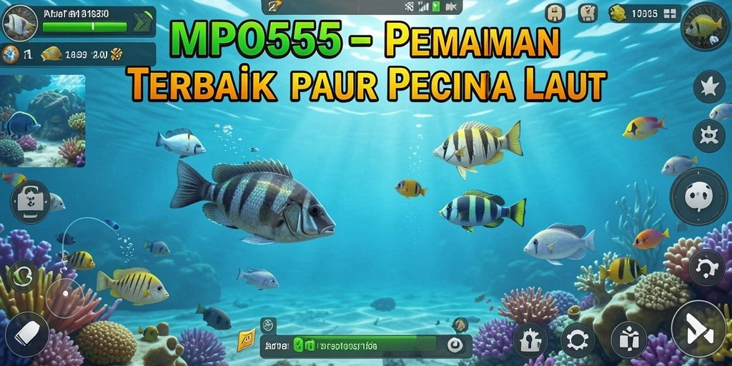 Screenshot utama MPO555 menunjukkan pemain menangkap ikan besar di laut.